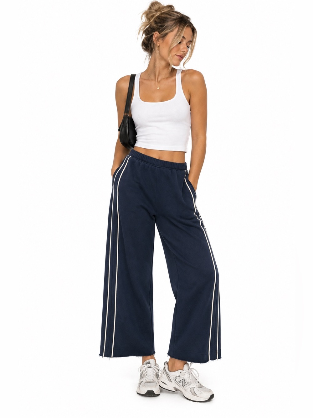 Edikted Wide Leg Track Pants with Side Stripes XS Navy Blue